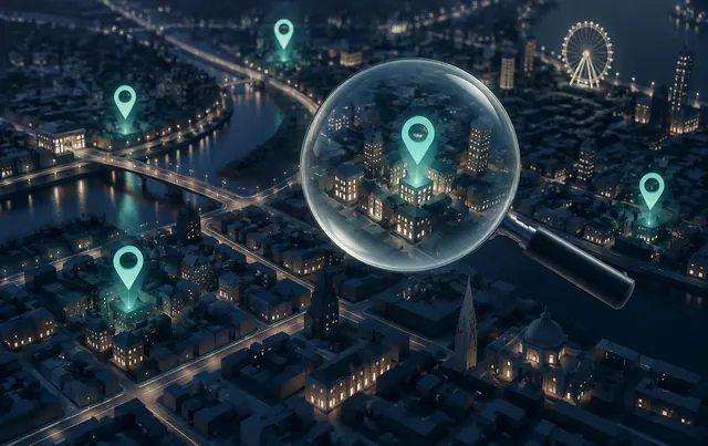 Illustration of a city map at night with location pins and a magnifying glass