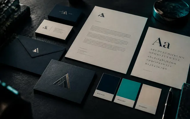 Concept brand identity for a fictional company: business cards, letterhead, envelope, type specimen and midnight, teal and ivory color swatches
