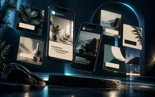 Concept social media post designs and phone screens for a fictional business