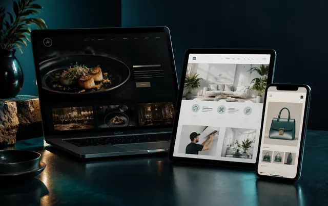 Laptop, tablet and phone showing Marneta concept website designs
