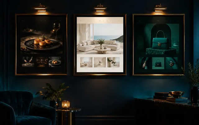 Three framed concept website designs on a gallery wall